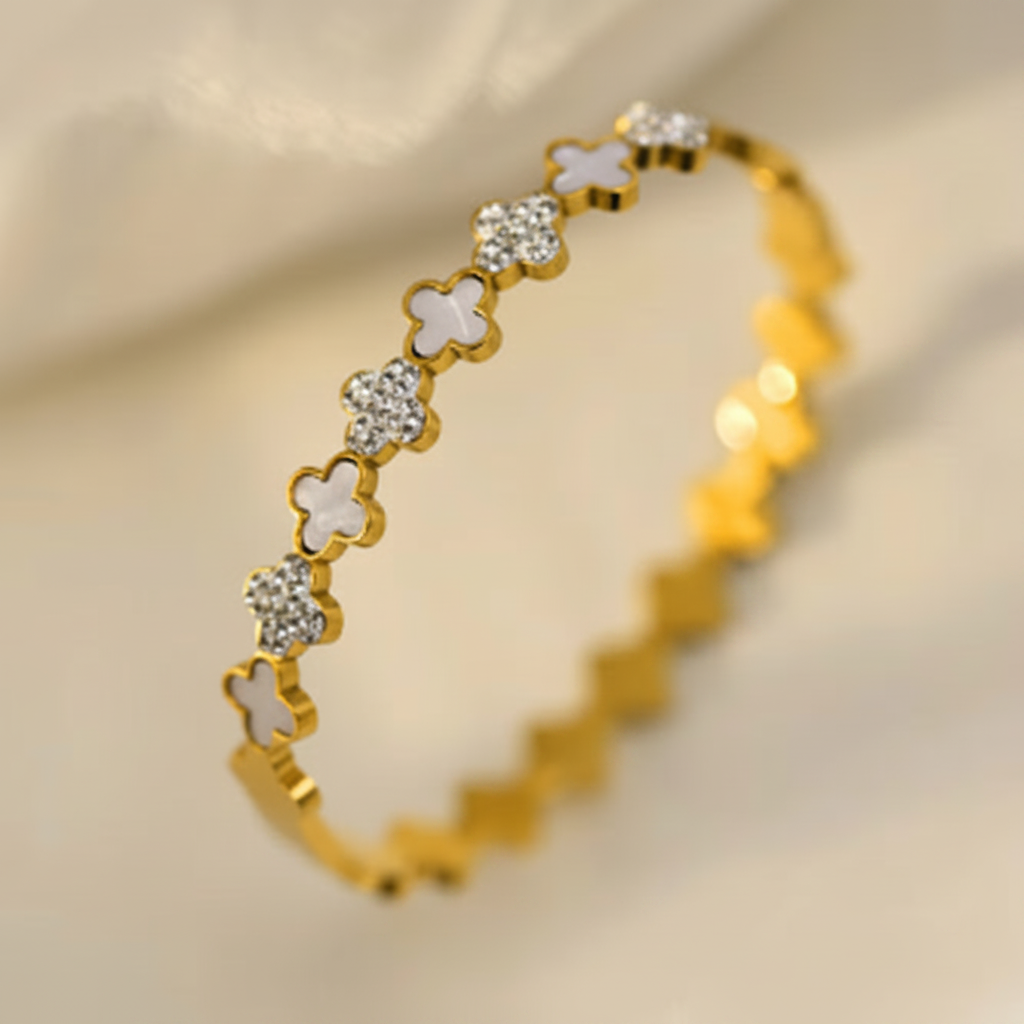Diamanté Clover Bangle - White